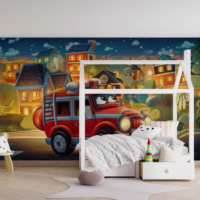 Papier peint chambre enfant | Camion de pompiers cartoon et maisons illuminées