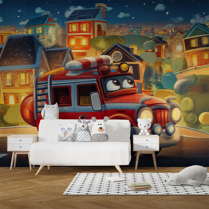 Papier peint chambre enfant | Camion de pompiers cartoon et maisons illuminées