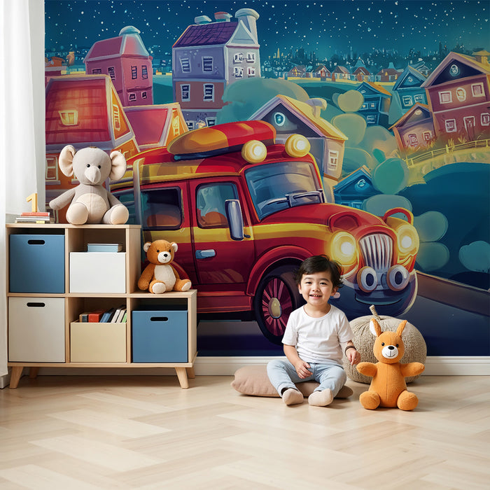 Papier peint chambre enfant | Camion de pompiers et ville illuminée