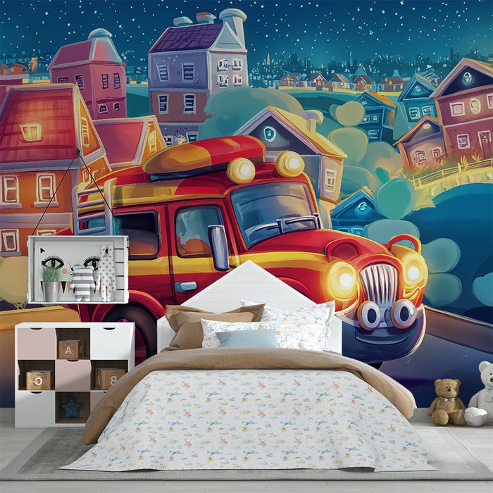 Papier peint chambre enfant | Camion de pompiers et ville illuminée