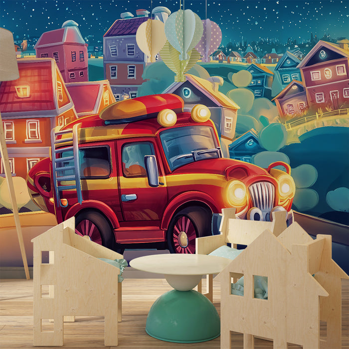 Papier peint chambre enfant | Camion de pompiers et ville illuminée