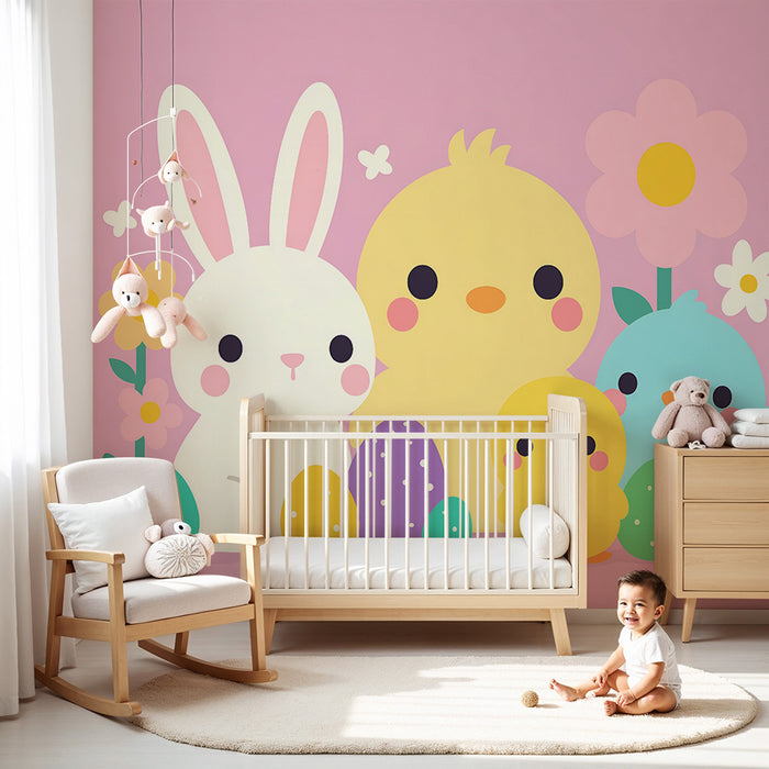 Papier peint chambre bébé | Lapin et poussins de Pâques