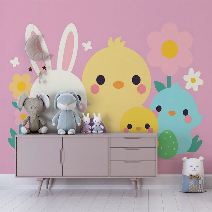 Papier peint chambre bébé | Lapin et poussins de Pâques