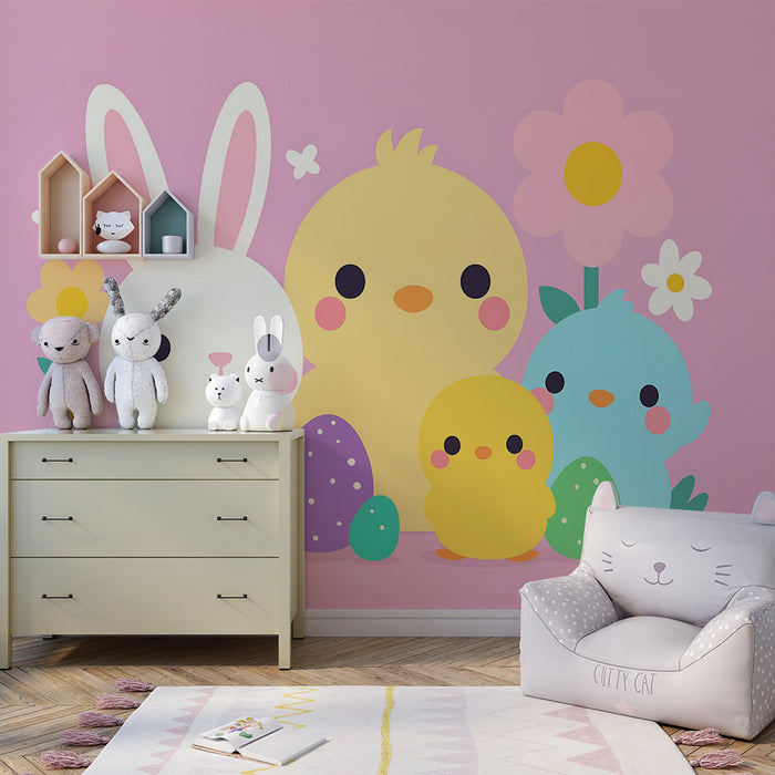 Papier peint chambre bébé | Lapin et poussins de Pâques