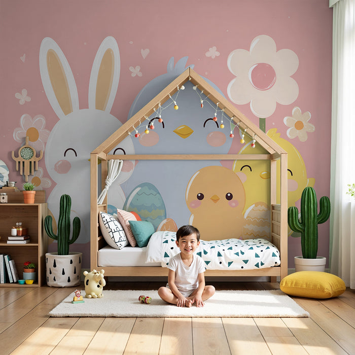 Kinderkamer behang | Vrolijk Pasen met konijntjes en kuikentjes