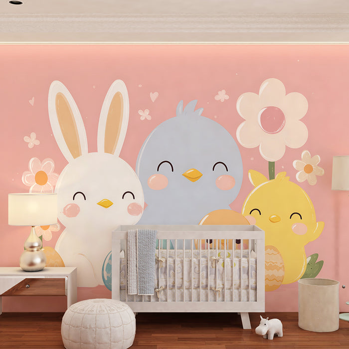 Kinderkamer behang | Vrolijk Pasen met konijntjes en kuikentjes
