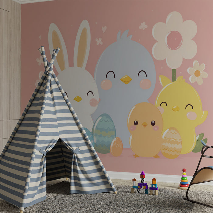 Kinderkamer behang | Vrolijk Pasen met konijntjes en kuikentjes