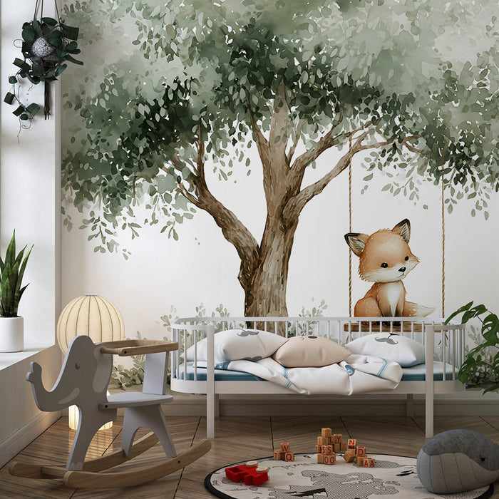 Papier peint chambre bébé | Renard sur balançoire