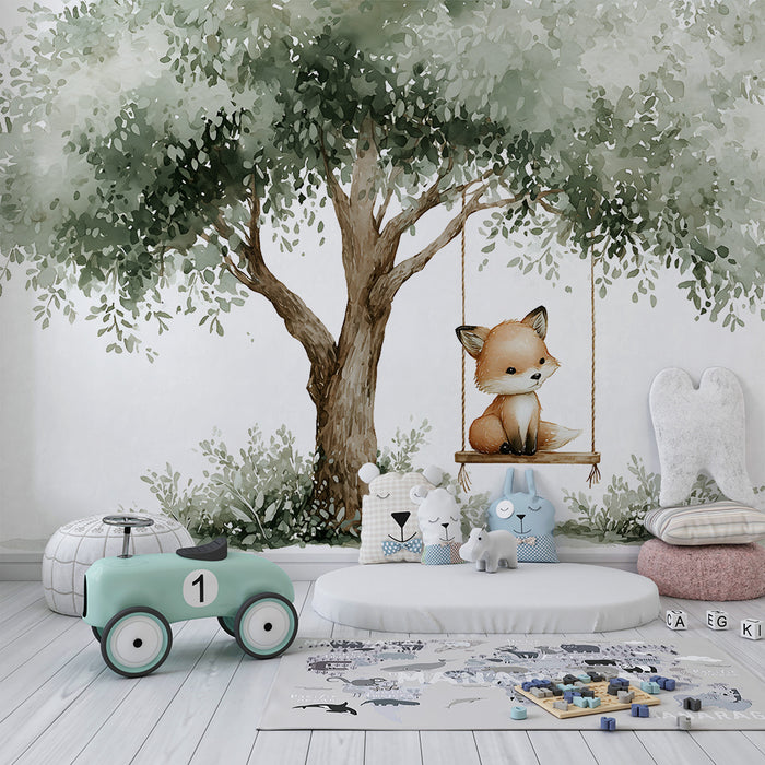 Papier peint chambre bébé | Renard sur balançoire