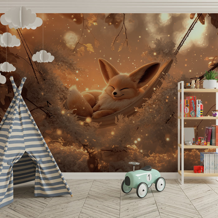 Papel pintado mágico | Zorro durmiendo en un columpio