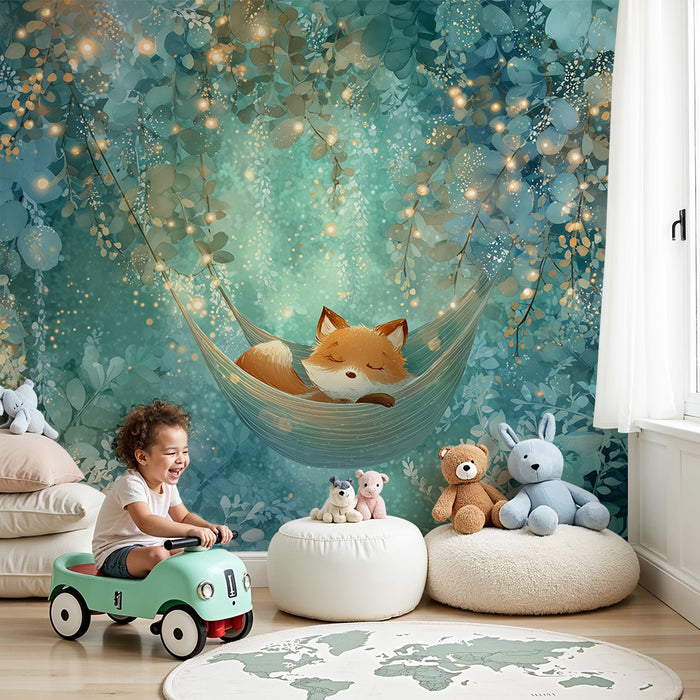 Papier peint renard endormi | Scène féerique dans la forêt