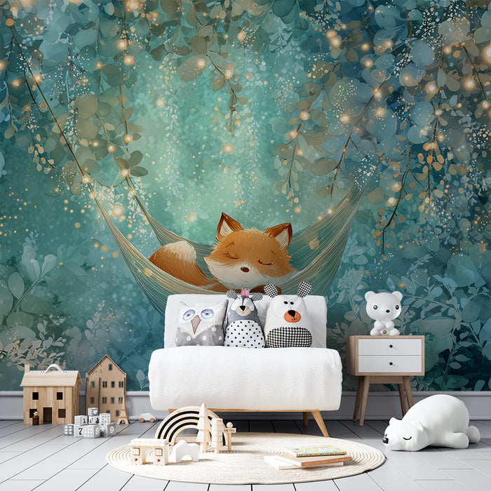 Papier peint renard endormi | Scène féerique dans la forêt
