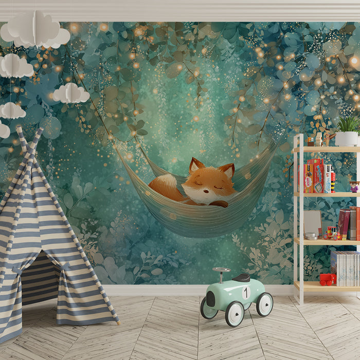 Papier peint renard endormi | Scène féerique dans la forêt