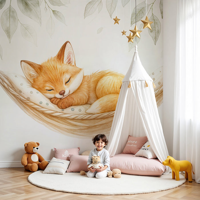 Papier peint renard endormi | Décoration douce pour chambre d'enfant