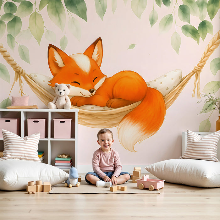 Papel de parede quarto bebê | Ήρεμη αλεπού και πράσινα φύλλα