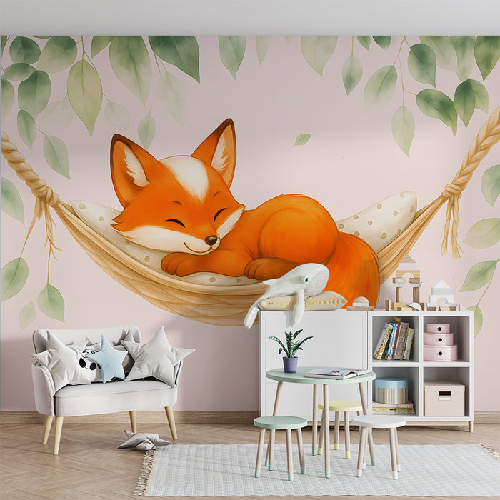 Papel de parede quarto bebê | Ήρεμη αλεπού και πράσινα φύλλα