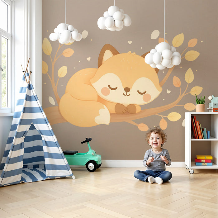 Barntapet | Sovande räv och pastell löv