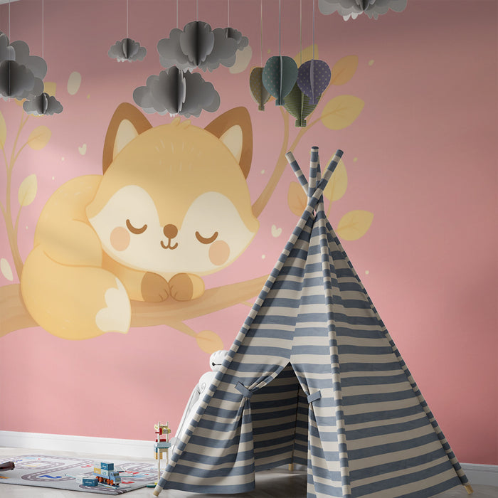 Lastenhuoneen tapetti | Nukkuva kettu oksalla vaaleanpunaisella taustalla