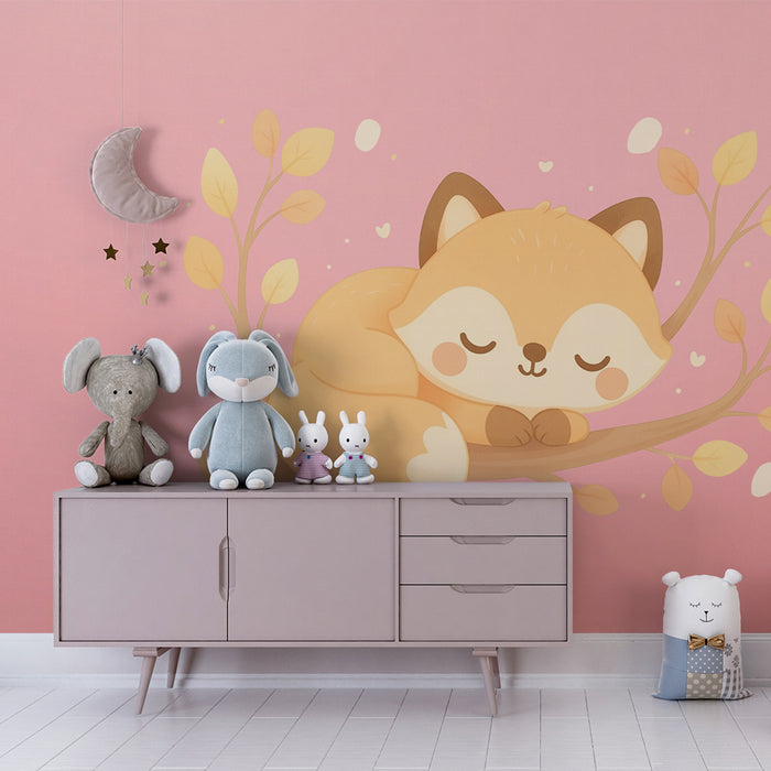 Lastenhuoneen tapetti | Nukkuva kettu oksalla vaaleanpunaisella taustalla