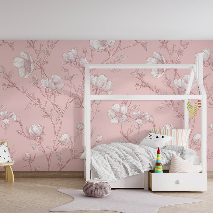 Lastenhuoneen tapetti | Sirot kukat vaaleanpunaisella taustalla
