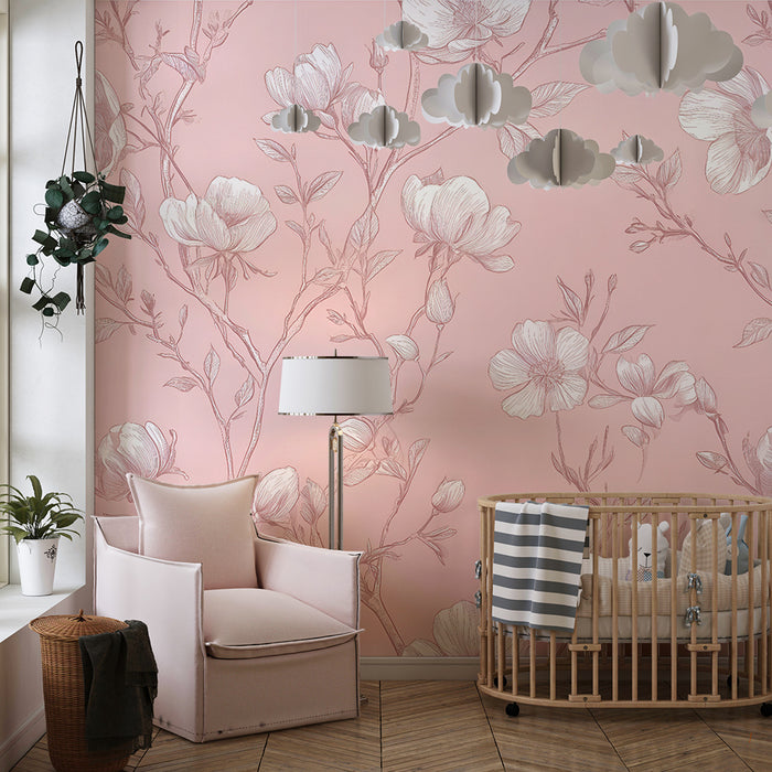 Lastenhuoneen tapetti | Sirot kukat vaaleanpunaisella taustalla