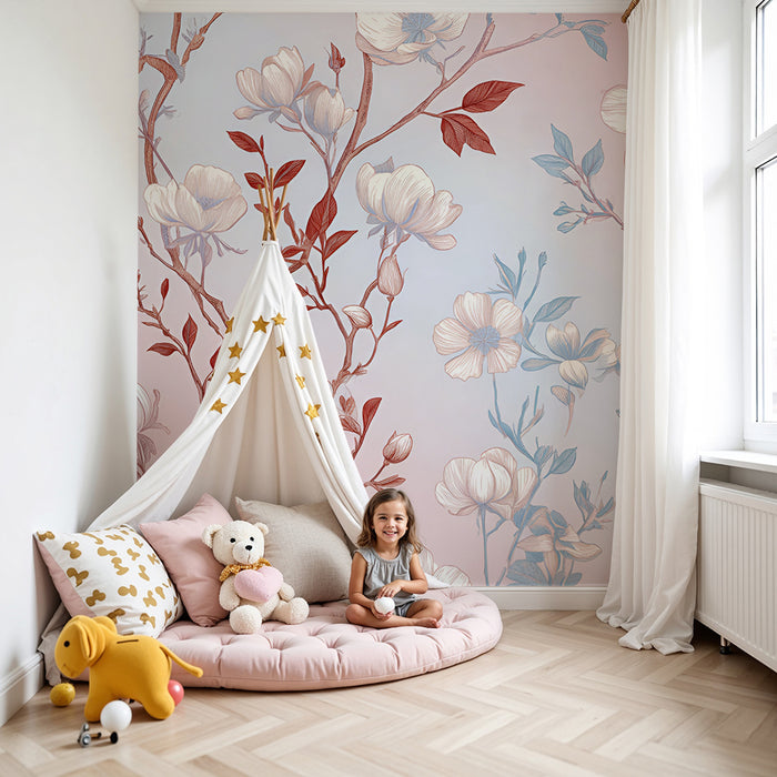 Lastenhuoneen tapetti | Herkät kukat ja pastellin väriset lehdet