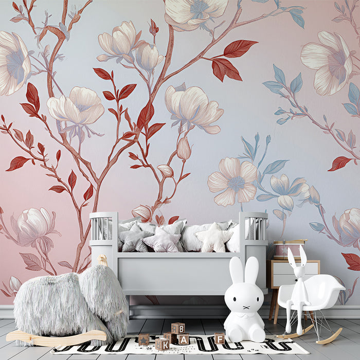 Lastenhuoneen tapetti | Herkät kukat ja pastellin väriset lehdet