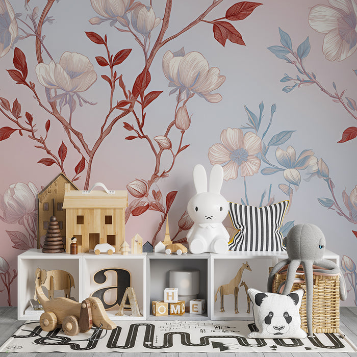 Lastenhuoneen tapetti | Herkät kukat ja pastellin väriset lehdet