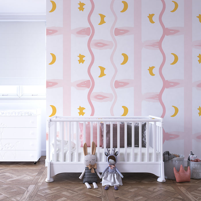 Lastenhuoneen tapetti | Vaaleanpunaiset tähdet ja kuut