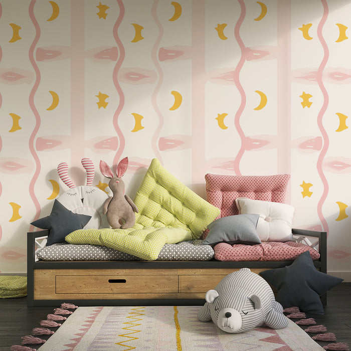 Lastenhuoneen tapetti | Vaaleanpunaiset tähdet ja kuut