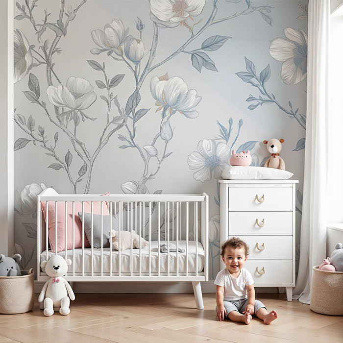 Χαρτί τοίχου παιδικού δωματίου | Λεπτά λουλούδια και κομψά κλαδιά