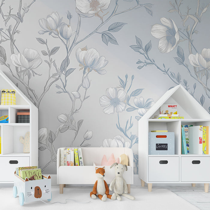 Χαρτί τοίχου παιδικού δωματίου | Λεπτά λουλούδια και κομψά κλαδιά