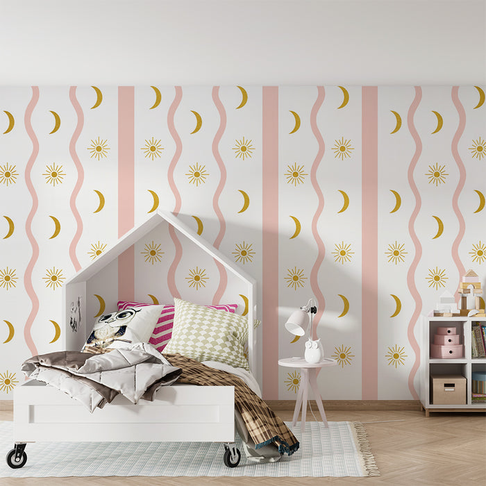 Papel de parede quarto bebê | Listras cor-de-rosa e padrões de lua dourada