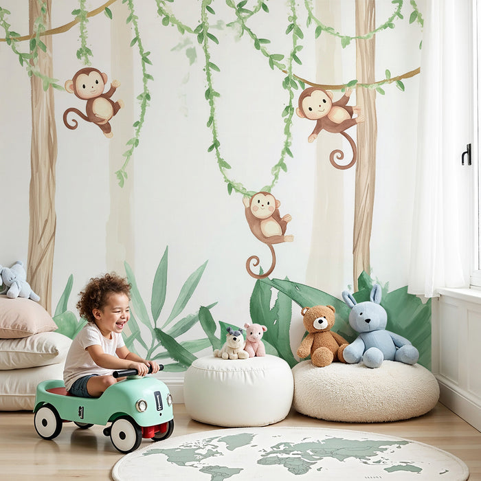 Lastenhuoneen tapetti | ilkikurisia apinoita vihreässä viidakossa