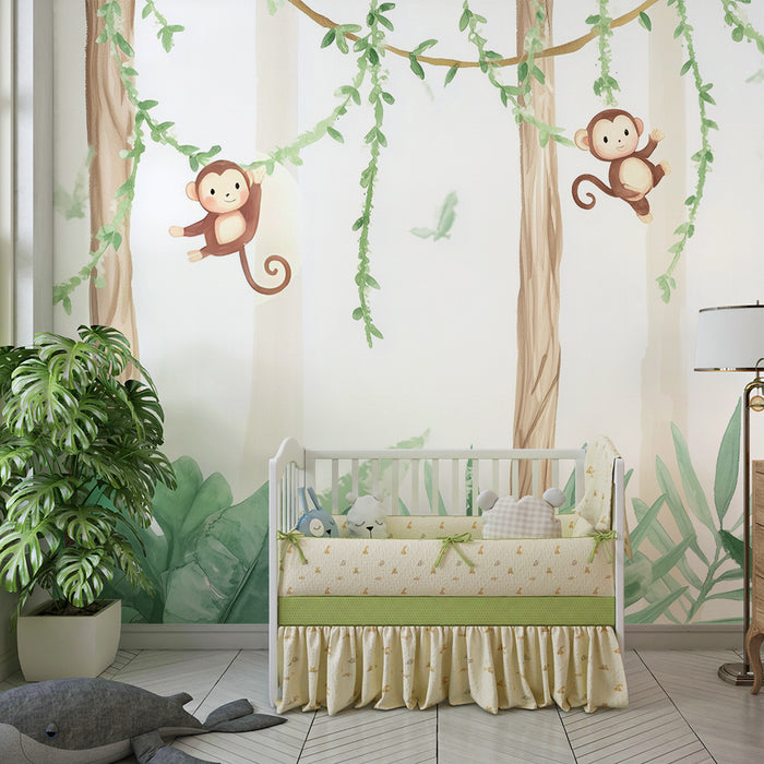 Lastenhuoneen tapetti | ilkikurisia apinoita vihreässä viidakossa