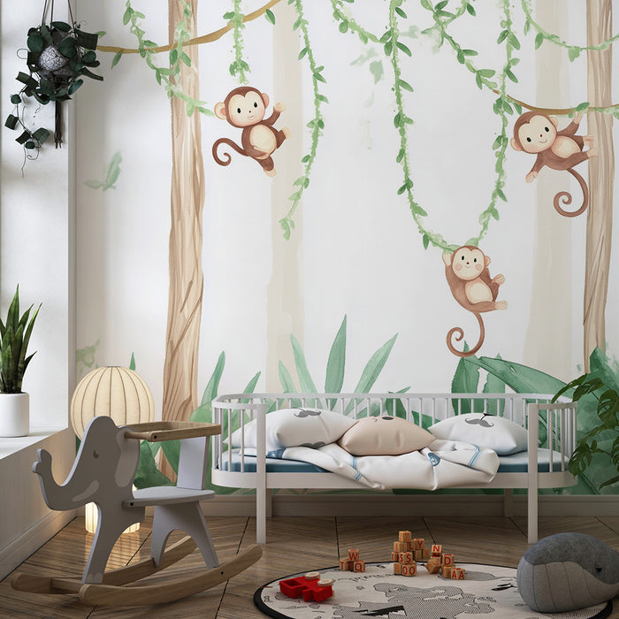Lastenhuoneen tapetti | ilkikurisia apinoita vihreässä viidakossa