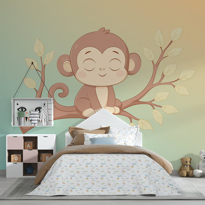 Papier peint chambre bébé | Singe mignon sur une branche sur fond vert
