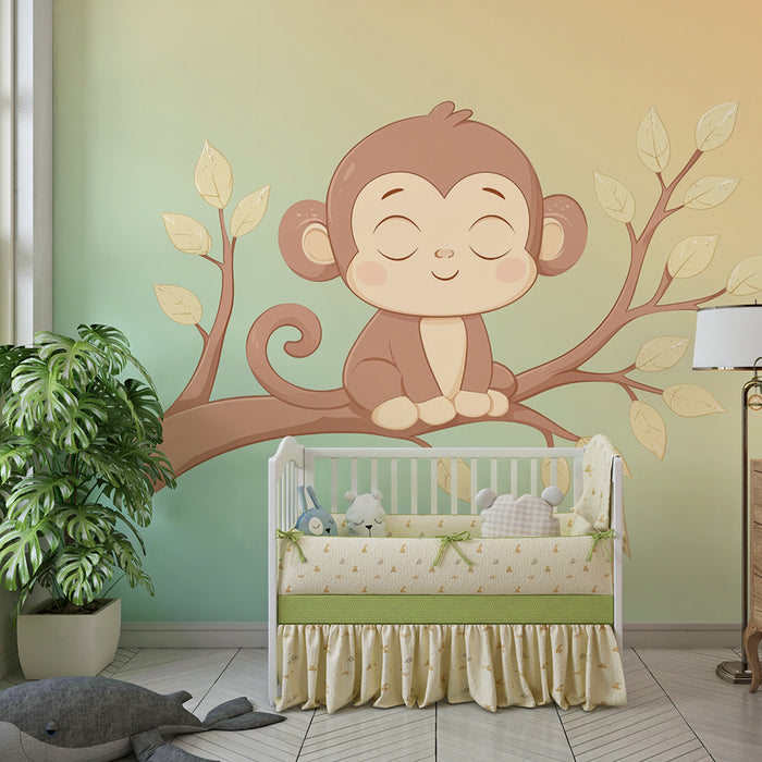 Papier peint chambre bébé | Singe mignon sur une branche sur fond vert