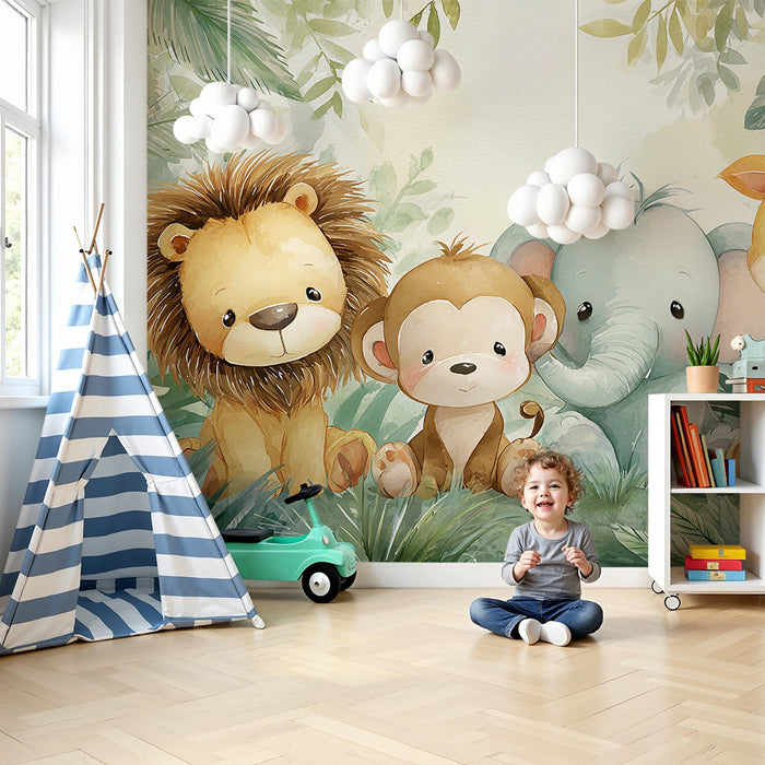Papier peint animaux de la jungle | Douceur et fantaisie pour chambre d'enfant