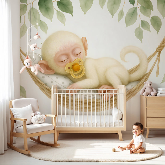 Børneværelse tapet | Søvnig abe og beroligende løvwerk