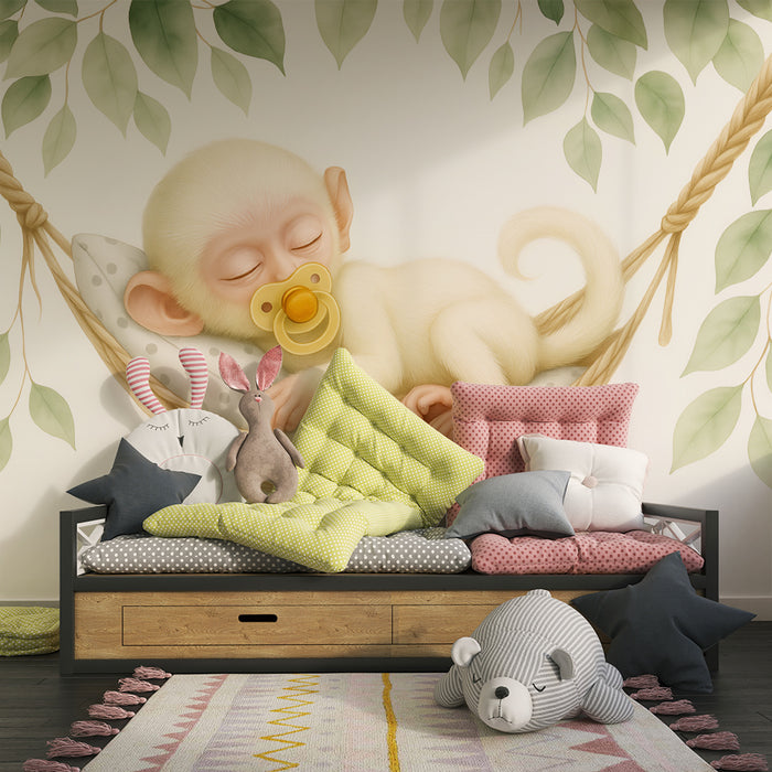 Børneværelse tapet | Søvnig abe og beroligende løvwerk