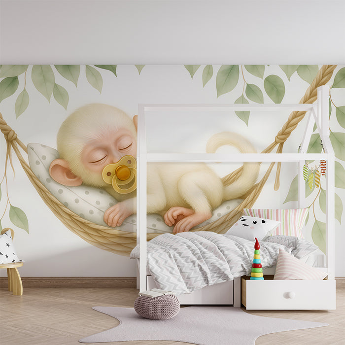 Børneværelse tapet | Søvnig abe og beroligende løvwerk