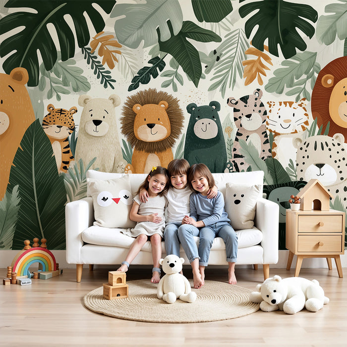 Lastenhuoneen tapetti viidakon eläimillä | Söpö ja värikäs suunnittelu