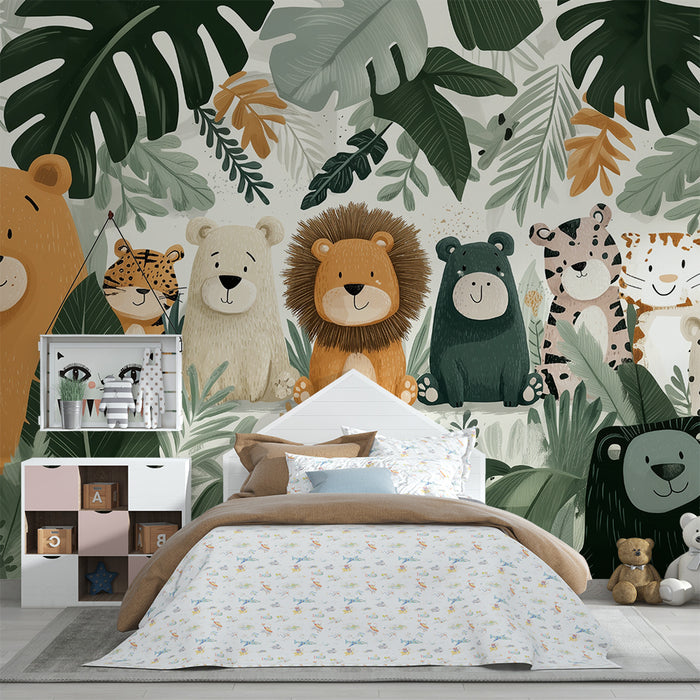 Lastenhuoneen tapetti viidakon eläimillä | Söpö ja värikäs suunnittelu