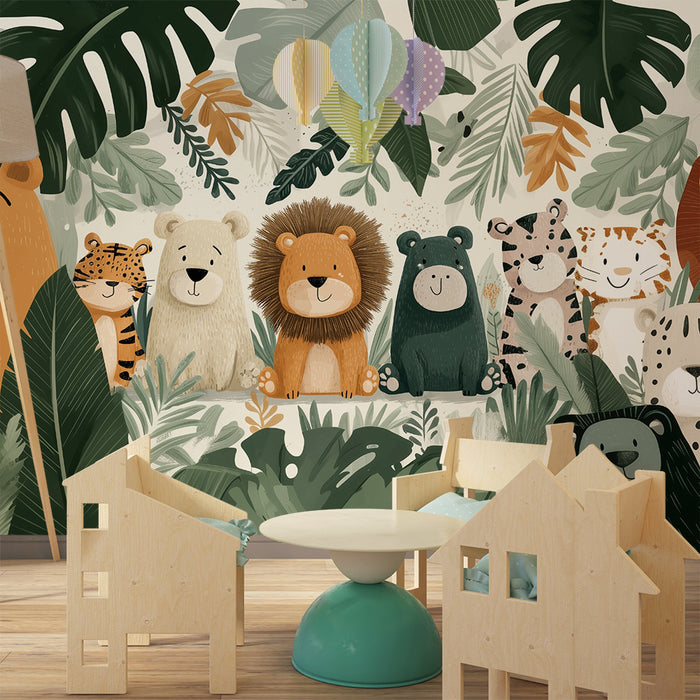Lastenhuoneen tapetti viidakon eläimillä | Söpö ja värikäs suunnittelu
