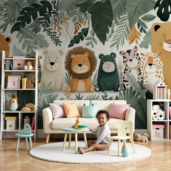 Papier peint jungle animaux | Scène amusante et colorée