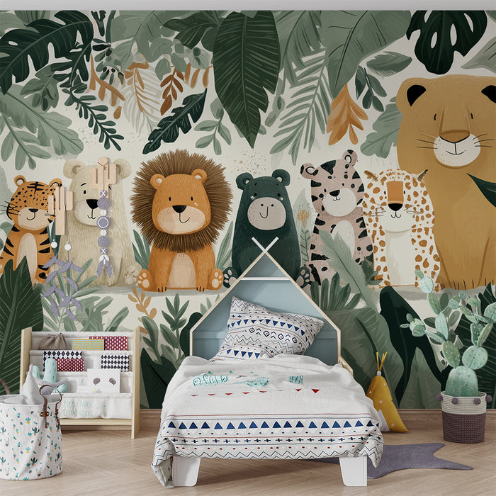 Papier peint jungle animaux | Scène amusante et colorée