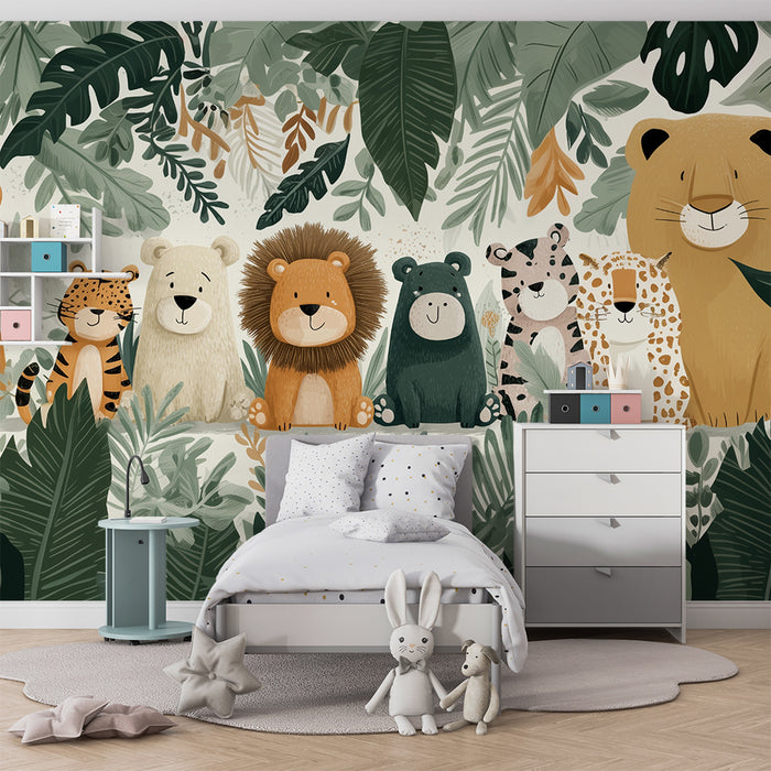 Papier peint jungle animaux | Scène amusante et colorée