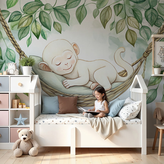 Babykamer behang | Slapende aap en bladeren