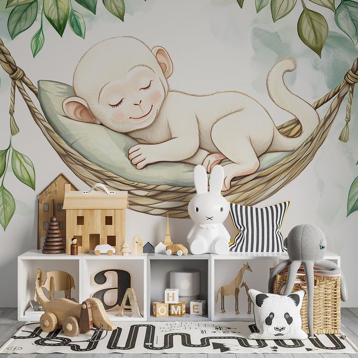 Babykamer behang | Slapende aap en bladeren